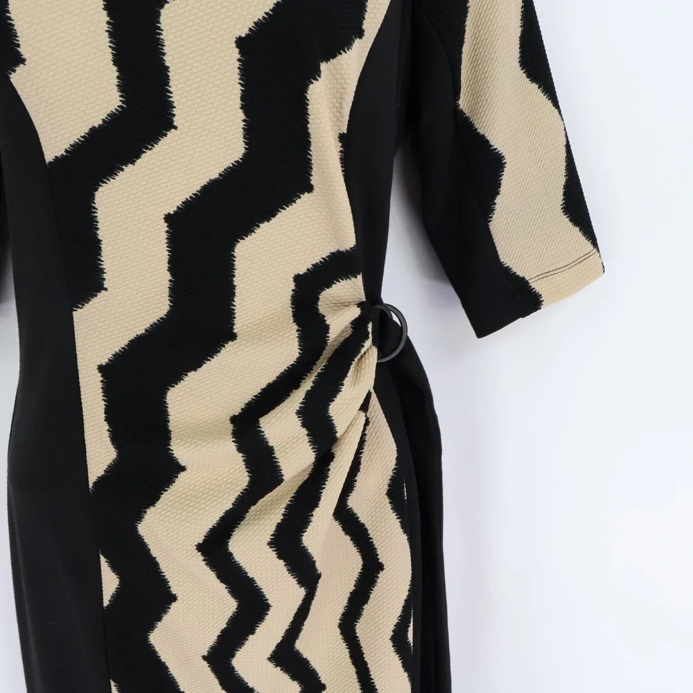 Julian Taylor‎ New York Pencil Dress Womens 10 Black Beige Geometric Ruched Side